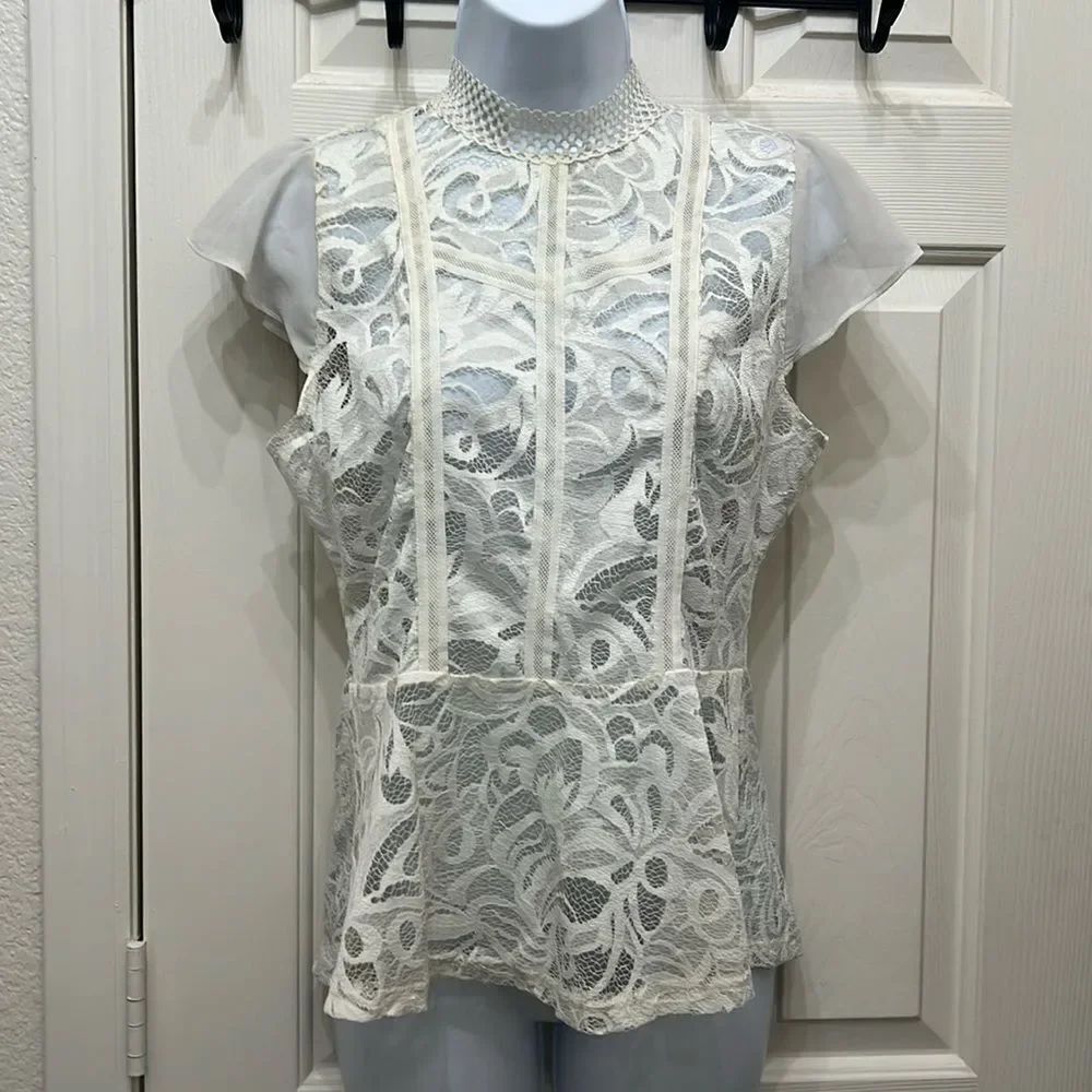 Papermoon Sz Large Short Sleeve Cream Off White Peplum Lace Crochet Cut Out